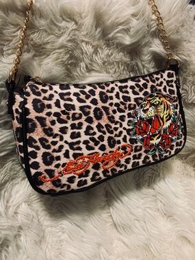 Authentic Ed Hardy bedazzled cheetah print shoulder bag